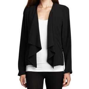 Eileen Fisher black 100% silk drape front jacket with leather trim size PL